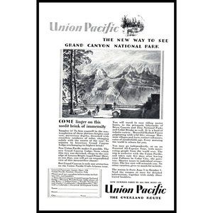 1929 Union Pacific Railroad Overland Route Grand Canyon Vintage Print Ad Drawing